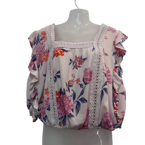 Angie Square Neck Crochet Crinkle Floral Flutter Ruffle Blouse Top Cream Large - Picture 2 of 7
